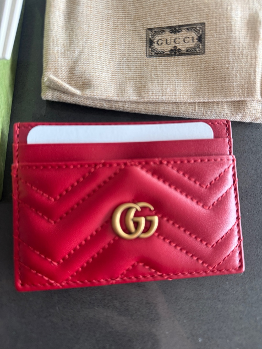 Gucci Red Quilted GG Marmont Leather Card Holder with Gold Logo